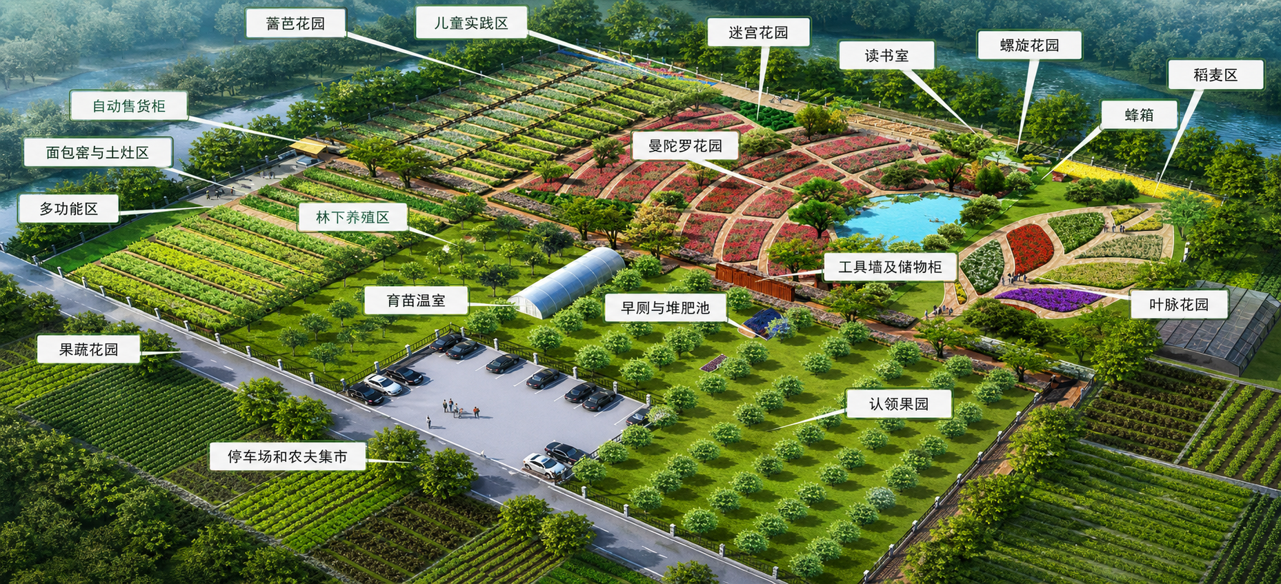 永续农耕园鸟瞰分区展示图